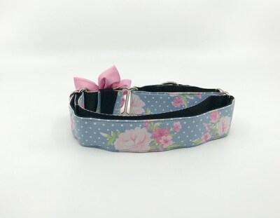 Martingale Dog Collar With Optional Flower Or Bow Tie Pink Roses On Gray Polka Dot Adjustable Slip On Collar Sizes S, M, L, XL - image6